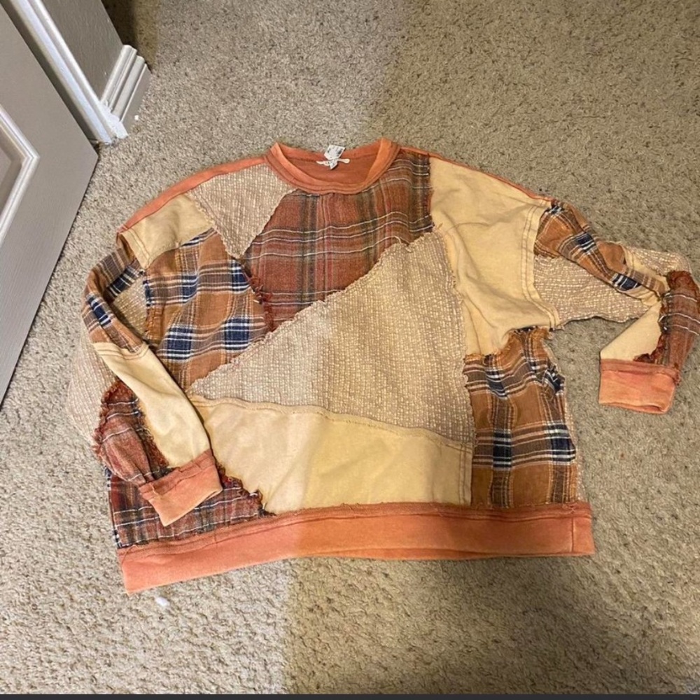 Oli & Hali Patchwork Crewneck Sweater in Rust, Tan & Cream